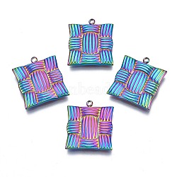 Ion Plating(IP) 304 Stainless Steel Pendants, Imitation Weaving Ratten Mat, Square, Rainbow Color, 19x16.5x2mm, Hole: 1.4mm(STAS-N098-028)