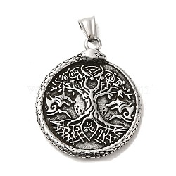 304 Stainless Steel Big Pendants, Flat Round with Tree of Life & Snake Charm , Antique Silver, 56x38.5x4mm, Hole: 9x5mm(STAS-D091-12AS)