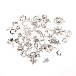 Tibetan Style Pendants, Mixed Shapes, Cadmium Free & Lead Free, Antique Silver, 11~33x6~30x1~4mm, Hole: 1.5mm, about 60pcs/bag(FIND-WH0048-34AG)