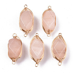 Natural Pink Aventurine Links/Connectors, Light Gold Tone Brass Wire Wrapped, Rectangle Octagon, 22~24x9~10x8.5mm, Hole: 1.6mm(G-T131-100E)