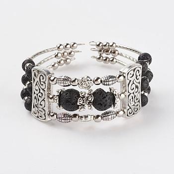 Three Loops Tibetan Style Alloy Wrap Bracelets, with Natural Lava Rock Beads, 2 inch(50mm)