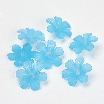 Transparent Acrylic Beads, Frosted, Flower, Deep Sky Blue, about 33mm in diameter, 8mm thick, Hole: 1.5~2mm