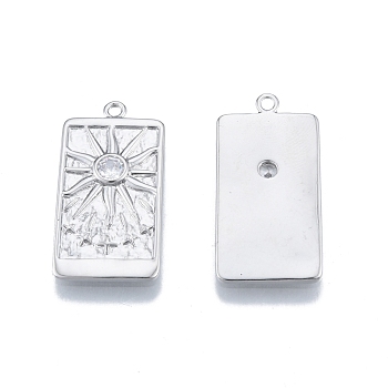 Brass Micro Pave Clear Cubic Zirconia Pendants, Rectangle with Sun & Star, Platinum, 27x13.6x2.3mm, Hole: 1.5mm