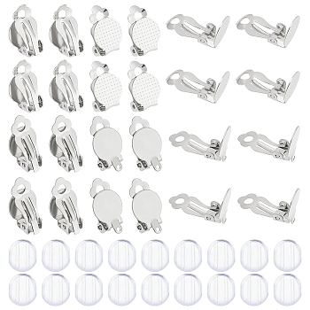 60Pcs 2 Size 304 Stainless Steel Clip-on Earring Findings, Flat Round Clip on Earring Pads, with 60Pcs Silicone Earring Pads, Stainless Steel Color, 16~18x10x7mm, 30Pcs/size