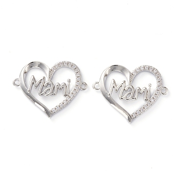 Brass Micro Pave Clear Cubic Zirconia Links, Long-Lasting Plated, for Mother's Day, Heart with Word Mami, Platinum, 19x23x3mm, Hole: 1.2mm
