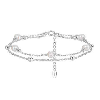 925 Sterling Silver Double Layer Multi-strand Bracelets, Shell Pearl Beaded Bracelets for Women, Real Platinum Plated, 6-5/8 inch(16.7cm)