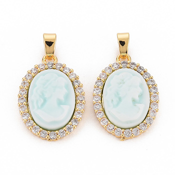 Brass Lilac Cubic Zirconia Pendants, with Cameo Resin, Nickel Free, Oval, Pale Turquoise, 20x14x4mm, Hole: 4x2.5mm