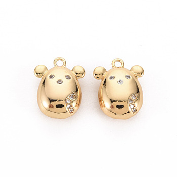 Brass Micro Pave Clear Cubic Zirconia Charms, Nickel Free, Mouse, Real 18K Gold Plated, 14x11x5.5mm, Hole: 1.4mm