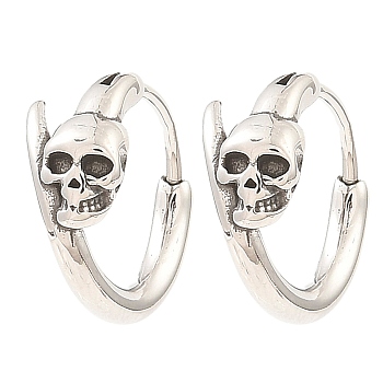 Skull Theme 316 Surgical Stainless Steel Hoop Earrings for Women Men, Antique Silver, 14.5x16x7mm