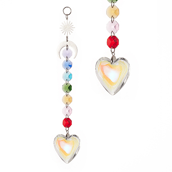 Electroplate Glass Heart Window Hanging Suncatchers, Brass Sun & Moon and Glass Octagon Beads Pendants Decorations Ornaments, Platinum, 22cm