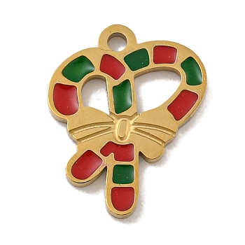 Christmas Theme 304 Stainless Steel Enamel Charms, Real 14K Gold Plated, Candy Cane, 13x10.5x1mm, Hole: 1mm