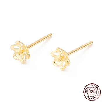 925 Sterling Silver Stud Earring Findings, for Half Drilled Beads, Flower, Golden, 4.5x4.5mm, Pin: 0.7mm