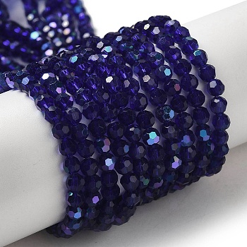 Electroplate Transparent Glass Beads Strands, Faceted, Round, Rainbow Plated, Dark Blue, 4mm, Hole: 0.7mm, about 88~95pcs/strand, 12.99~14.06 inch(33~35.7cm)