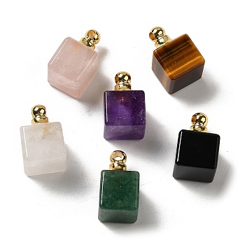 Natural Mixed Gemstone Perfume Bottle Pendants, Square Charms with Golden Plated 304 Stainless Steel Findings, 19x12x12mm, Hole: 2mm