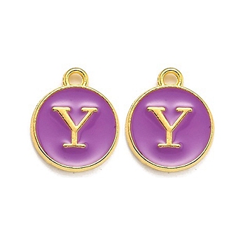 Golden Plated Alloy Enamel Charms, Enamelled Sequins, Flat Round with Alphabet, Letter.Y, Purple, 14x12x2mm, Hole: 1.5mm