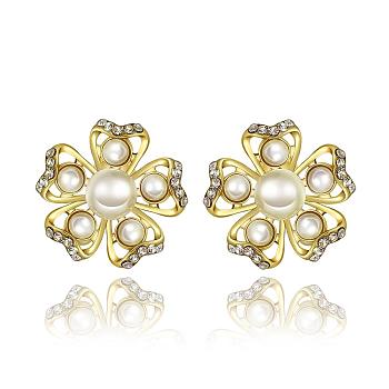 Pretty Flower Tin Alloy Rhinestone Imitation Pearl Stud Earrings, Golden, 18x19mm