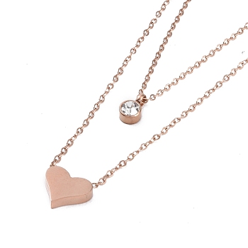 Ion Plating(IP) 304 Stainless Steel Cable Necklaces, Heart & Flat Round with Rhinestone Pendant Necklaces for Women, Rose Gold, 15.94 inch(40.5cm)