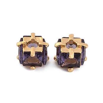 Brass Micro Pave Cubic Zirconia Beads, Square, Real 18K Gold Plated, Indigo, 8.5x8.5x6.5mm, Hole: 2.6mm