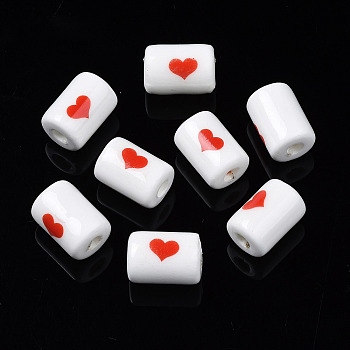 Handmade Porcelain Beads, Bright Glazed, Column with Heart, Red, 12.5x8.5mm, Hole: 2mm