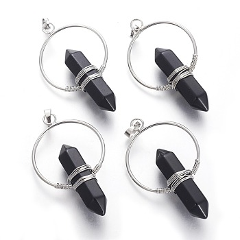 Natural Obsidian Big Double Terminated Pointed Pendants, with Brass Findings, Bullet, Platinum, 57.5~59x33.2~34x12~12.5mm, Hole: 7.5~8x5mm