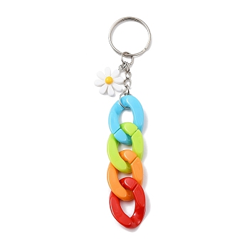 Acrylic Curb Chain Keychain, with Resin Daisy Charm and Iron Keychain Ring, Colorful, 12.8~13cm