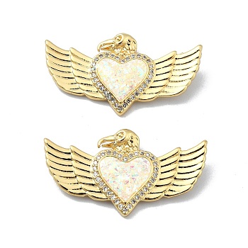 Brass Micro Pave Clear Cubic Zirconia Pendants, with Sythetic Opal, Heart, Real 18K Gold Plated, 17.5x31.5x5mm, Hole: 3x2mm