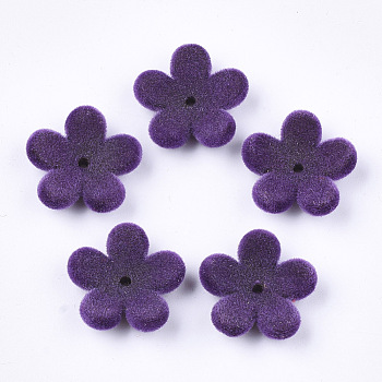 Flocky Acrylic Bead Caps, 5-Petal, Flower, Dark Violet, 17x18x5mm, Hole: 1mm