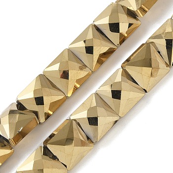 Electroplate Glass Beads Strands, Full Plated, Faceted, Square, Golden Plated, 8x8x5.5mm, Hole: 0.8mm, about 49pcs/strand, 15.55 inch(39.5cm)