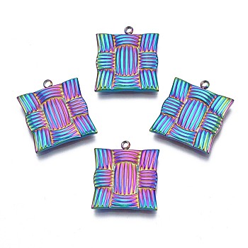 Ion Plating(IP) 304 Stainless Steel Pendants, Imitation Weaving Ratten Mat, Square, Rainbow Color, 19x16.5x2mm, Hole: 1.4mm