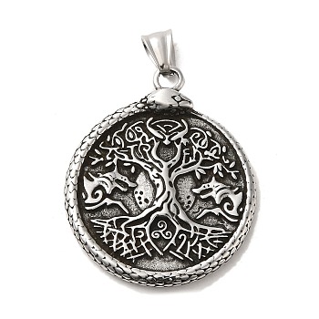 304 Stainless Steel Big Pendants, Flat Round with Tree of Life & Snake Charm , Antique Silver, 56x38.5x4mm, Hole: 9x5mm