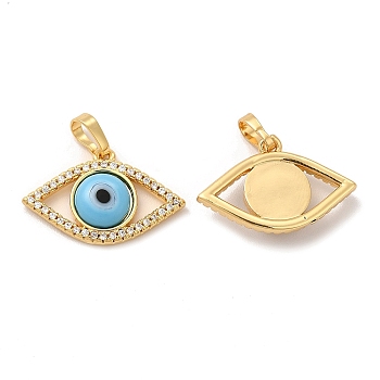 Rack Plating Brass Micro Pave Clear Cubic Zirconia Pendants, with Handmade Evil Eye Lampwork, Cadmium Free & Lead Free, Long-Lasting Real 18K Gold Plated, Eye Charm, Light Sky Blue, 15.5x23x4mm, Hole: 6x3mm