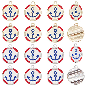40Pcs 2 Colors Baking Painted Alloy Enamel Pendants, for DIY Accessories, Flat Round with Anchor, Mixed Color, 19x16.5x2mm, Hole: 1.6mm, 20pcs/color