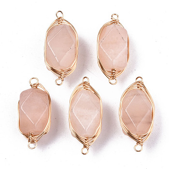 Natural Pink Aventurine Links/Connectors, Light Gold Tone Brass Wire Wrapped, Rectangle Octagon, 22~24x9~10x8.5mm, Hole: 1.6mm