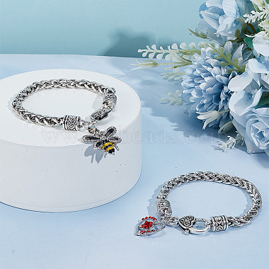 2шт. 2 стильные браслеты с подвесками в виде пчелы и сердца в виде розы со стразами и эмалью(BJEW-AB00006)-5