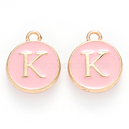 Golden Plated Alloy Enamel Charms, Cadmium Free & Lead Free, Enamelled Sequins, Flat Round with Letter, Pink, Letter.K, 14x12x2mm, Hole: 1.5mm(ENAM-S118-07K)