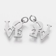 304 Stainless Steel Pendants, Word Love, Stainless Steel Color, 16x16x1mm, Hole: 3mm(STAS-Q201-T460S)