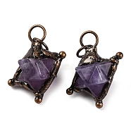 Natural Amethyst Merkaba Star Pendants, Brass Star Charms with Jump Rings, Red Copper, 36x30x24mm, Hole: 7mm(G-C144-01R-06)