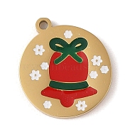 Christmas Theme Ion Plating(IP) 304 Stainless Steel Enamel Charms, Golden, Christmas Bell, 13.5x12x1.5mm, Hole: 1mm(STAS-Z083-08G-02)