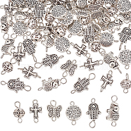 90Pcs 6 Styles Tibetan Style Alloy Connector Charms, with Iron Loops, Butterfly & Hamsa Hand & Cross & Round & Elephant & Oval with Flower, Antique Silver, 14~28x8~10.5x3~8mm, Hole: 1.4~2mm, 15pcs/style(FIND-AR0003-28)