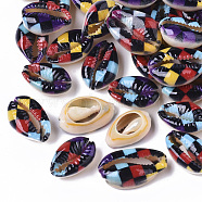 Printed Natural Cowrie Shell Beads, Plaid Beads, No Hole/Undrilled, with Tartan Pattern, Red, 18~21x12~15x7mm(X-SSHEL-R047-01-E01)