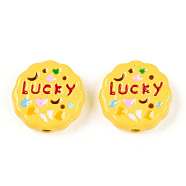 Spray Painted Alloy Beads, with Enamel, Flat Round with Word Lucky, Gold, 15x4.5mm, Hole: 1.4~1.6mm(FIND-N005-61)