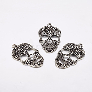 Day of the Dead Ornaments Tibetan Style Sugar Skull Pendants,  Cadmium Free & Nickel Free & Lead Free, for Halloween, Antique Silver, 49x31x5mm(X-TIBEP-22828-AS-NR)