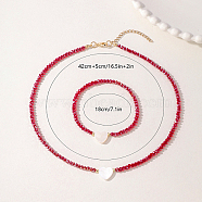 Glass Beaded Stretch Bracelets & Beaded Necklaces, Real 18K Gold Plated Jewelry Sets for Women, Red, 410mm(SS0956-1)
