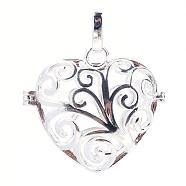 Rack Plating Brass Cage Pendants, For Chime Ball Pendant Necklaces Making, Hollow Heart, Silver Color Plated, 31x33x15.5mm, Hole: 3x7mm, inner measure: 22x26mm(KK-Q402-08S)