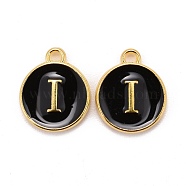 Golden Plated Alloy Charms, Cadmium Free & Lead Free, with Enamel, Enamelled Sequins, Flat Round with Letter, Black, Letter.I, 14x12x2mm, Hole: 1.5mm(X-ENAM-S118-02I)