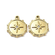 Ion Plating(IP) 304 Stainless Steel Charms, with Crystal Rhinestone, Flat Round with Star Charm, Real 18K Gold Plated, 19x16x3mm, Hole: 1.4mm(STAS-Q254-04G)