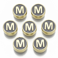 Alloy Enamel Beads, Cadmium Free & Nickel Free & Lead Free, Flat Round with Initial Letters, Light Gold, Letter.M, 8x4mm, Hole: 1.5mm(ENAM-S122-028M-NR)