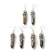 Natural Tiger Eye Bullet with Flower Dangle Earrings, Platinum Tone Brass Jewelry for Women, Cadmium Free & Lead Free, 62~63mm, Pin: 0.6mm(EJEW-G300-02P-02)