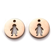 Ion Plating(IP) 304 Stainless Steel Charms, Flat Round with Hollow Boy, Rose Gold, 12x1.4mm, Hole: 2mm(STAS-F261-04RG)