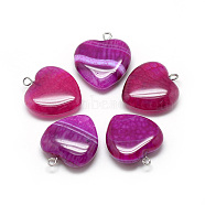 Natural Brazilian Agate Pendants, Dyed & Heated, with Iron Findings, Heart, Platinum, Camellia, 22x20x6mm, Hole: 1.5mm(G-S262-01B)